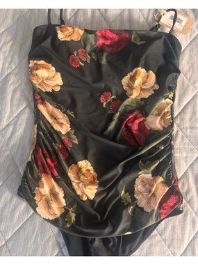 Black Floral Satin Duvet swimsuit - Elegant Black with Gold and Red Blooms b